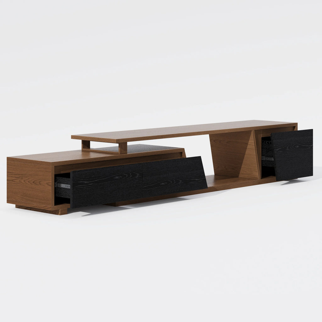 Ensemble meuble TV Fero en bois noir et noyer, meuble TV extensible et table basse rectangulaire