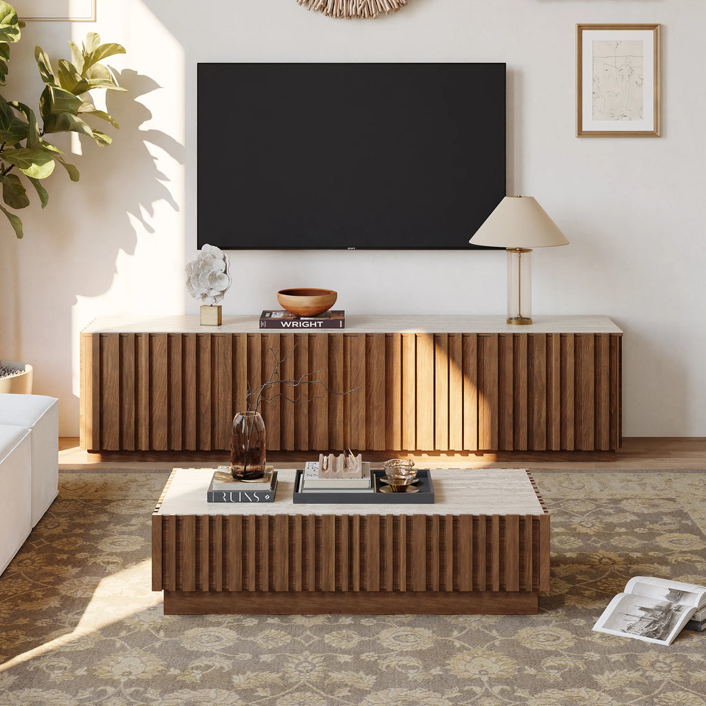 Ensemble meuble TV Aura avec meuble TV à lattes en bois de frêne et table basse Noyer