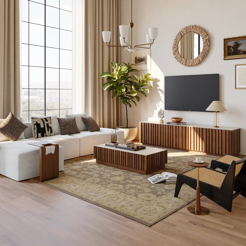Ensemble meuble TV Aura avec meuble TV à lattes en bois de frêne et table basse Noyer