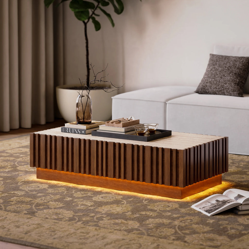 Ensemble meuble TV Aura avec meuble TV à lattes en bois de frêne et table basse Noyer