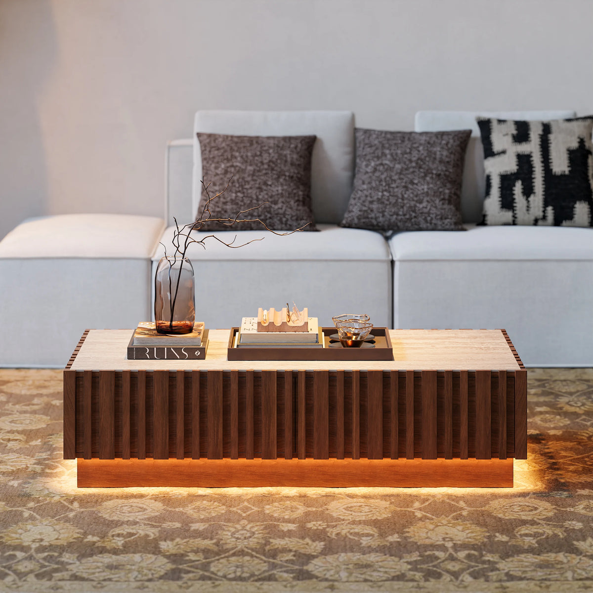 Ensemble meuble TV Aura avec meuble TV à lattes en bois de frêne et table basse Noyer