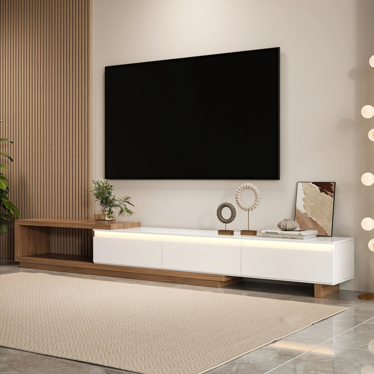 Meuble TV extensible Quoint 180-255 cm avec 3 tiroirs et LED