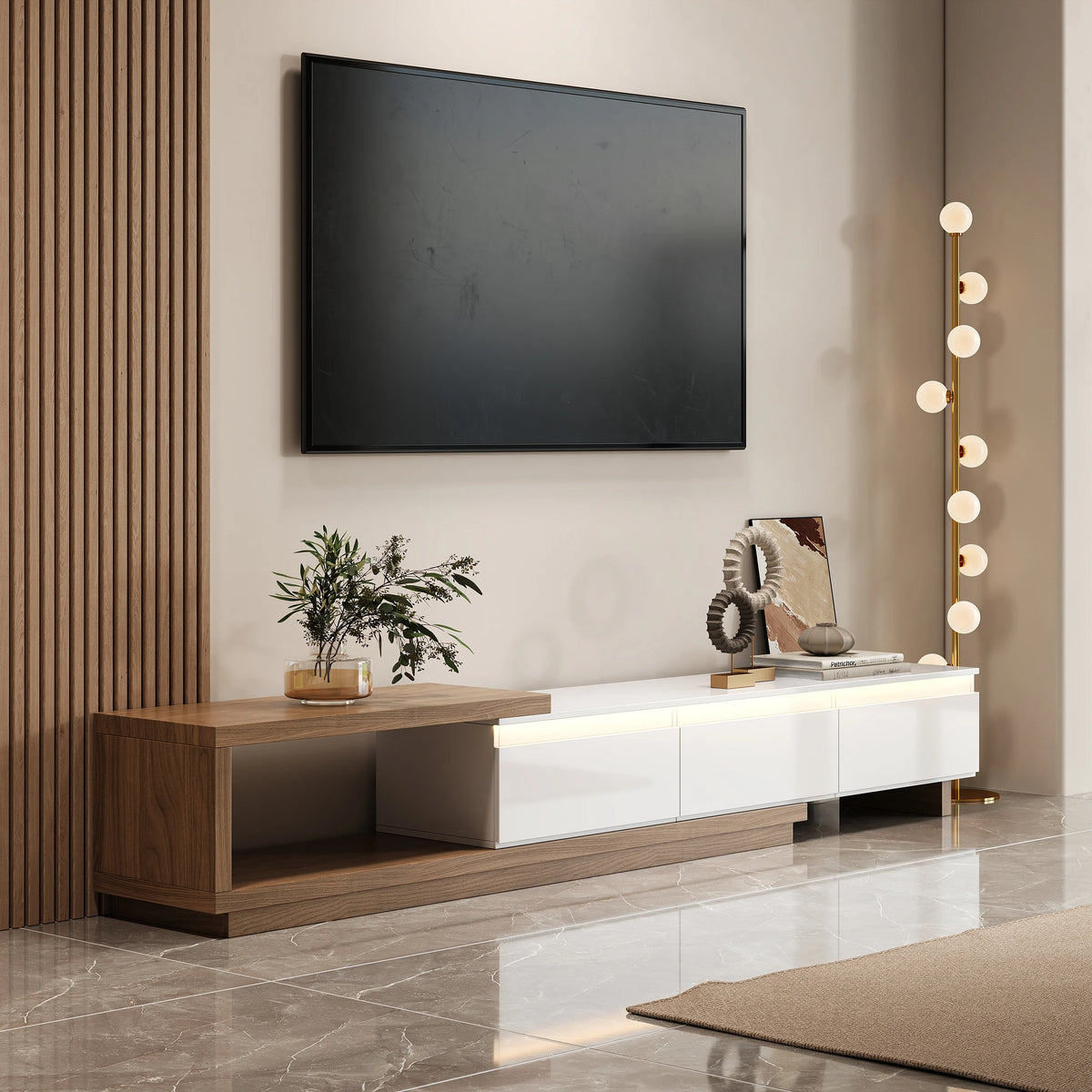 Meuble TV extensible Quoint 180-255 cm avec 3 tiroirs et LED