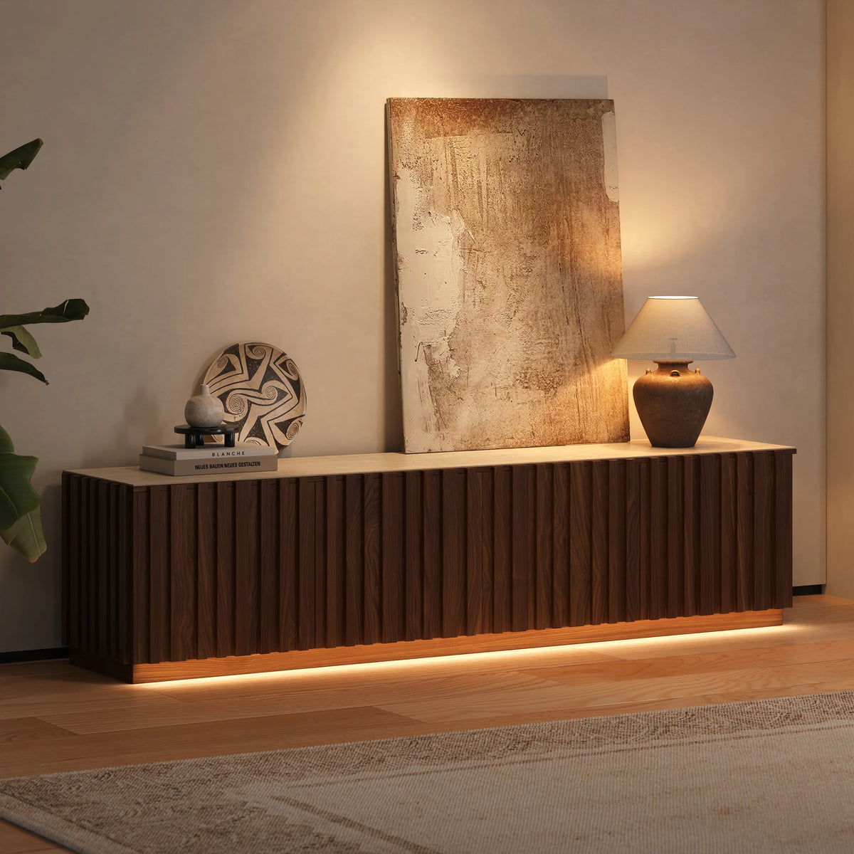 Meuble TV Aura 213 cm en bois de frêne et noyer avec plateau en pierre frittée