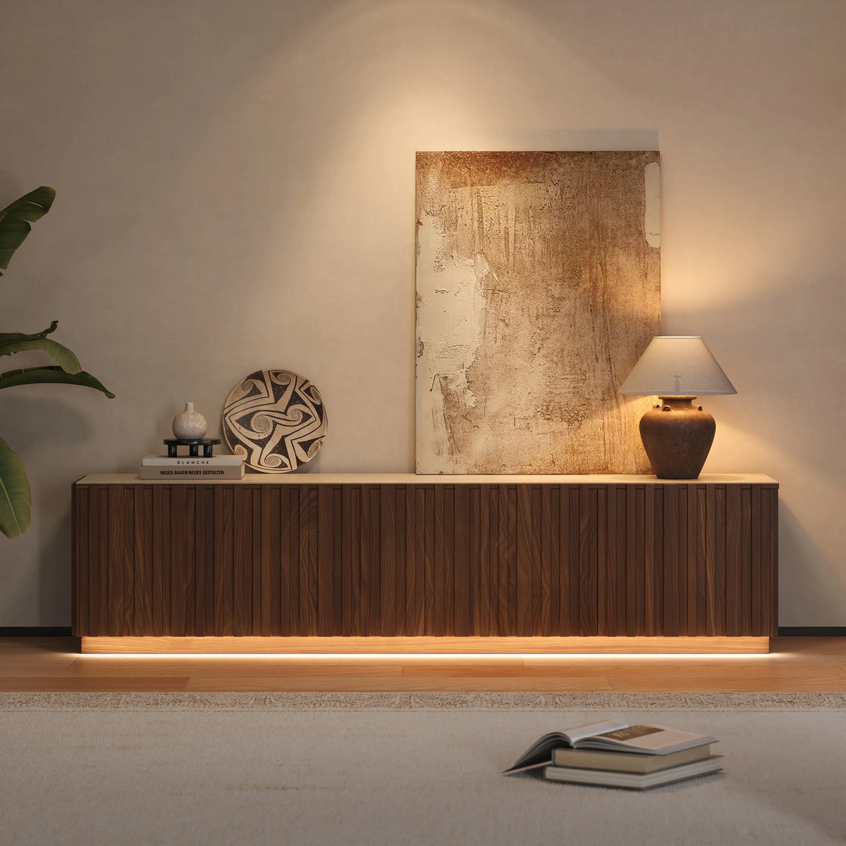 Meuble TV Aura 213 cm en bois de frêne et noyer avec plateau en pierre frittée
