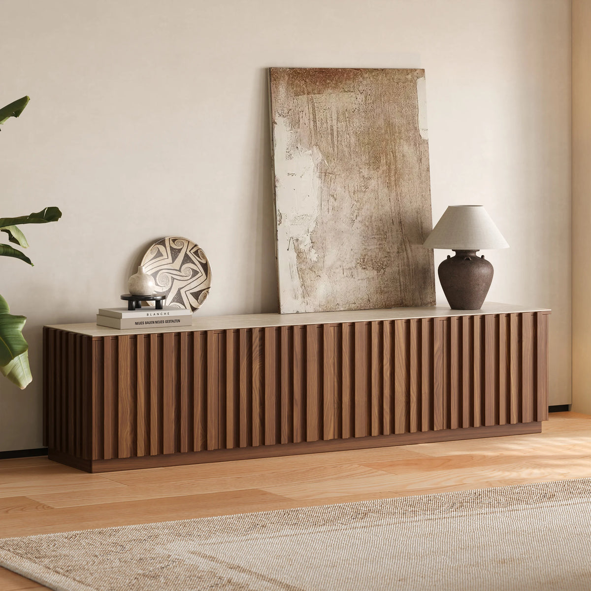 Meuble TV Aura 213 cm en bois de frêne et noyer avec plateau en pierre frittée