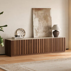 Meuble TV Aura 213 cm en bois de frêne et noyer avec plateau en pierre frittée