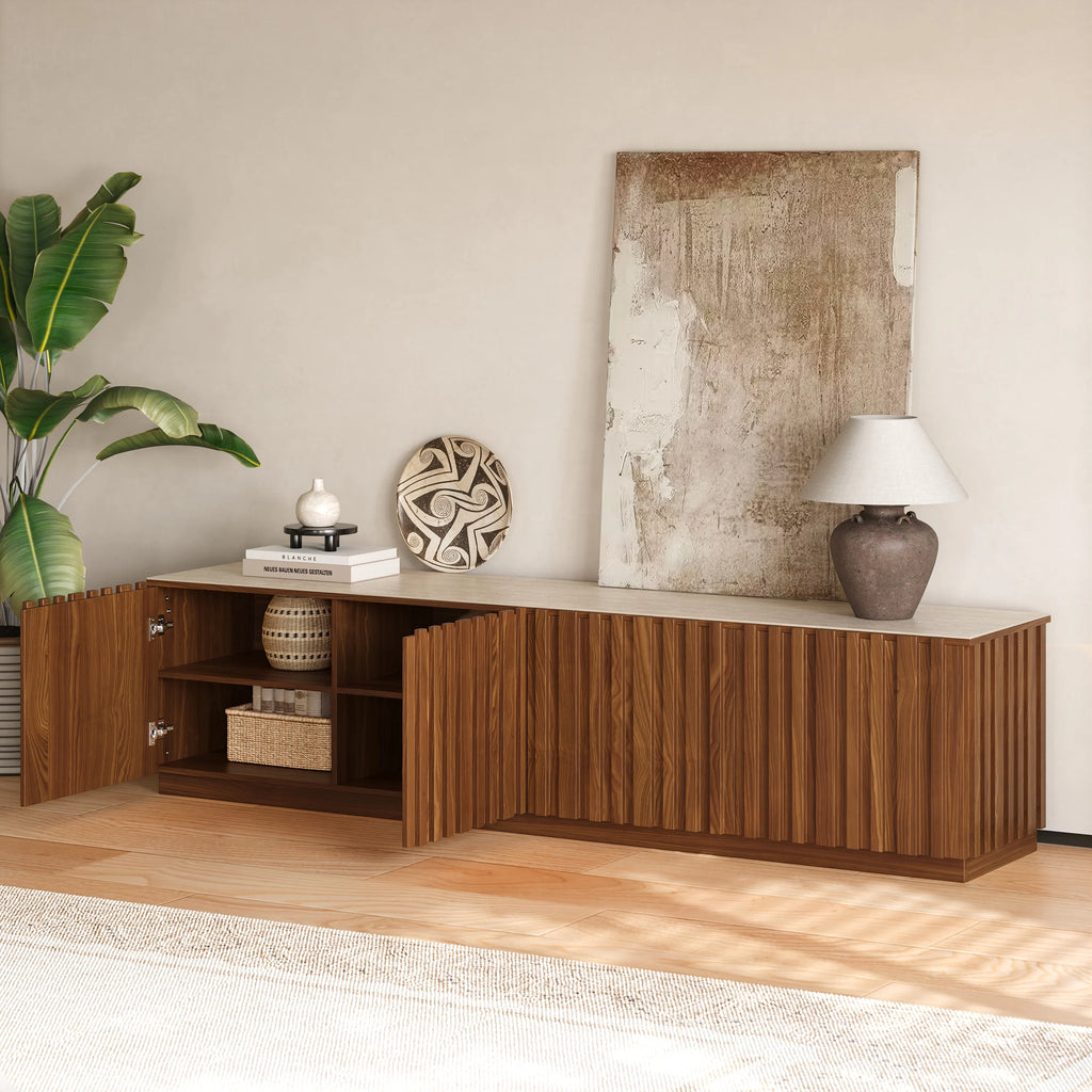 Meuble TV Aura 213 cm en bois de frêne et noyer avec plateau en pierre frittée