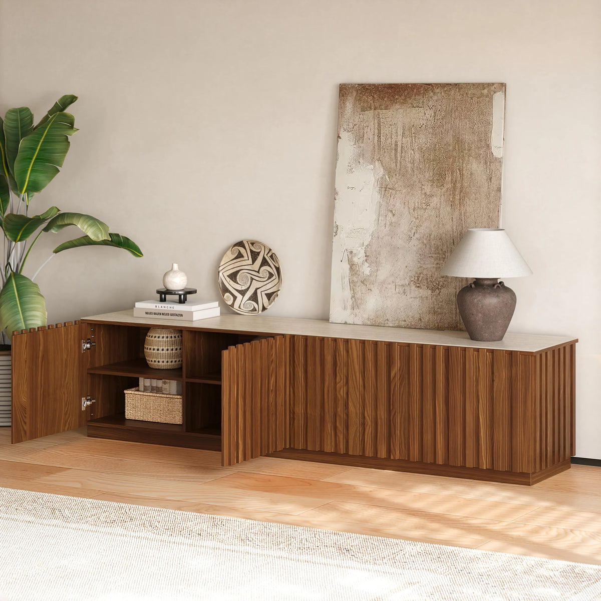 Meuble TV Aura 213 cm en bois de frêne et noyer avec plateau en pierre frittée
