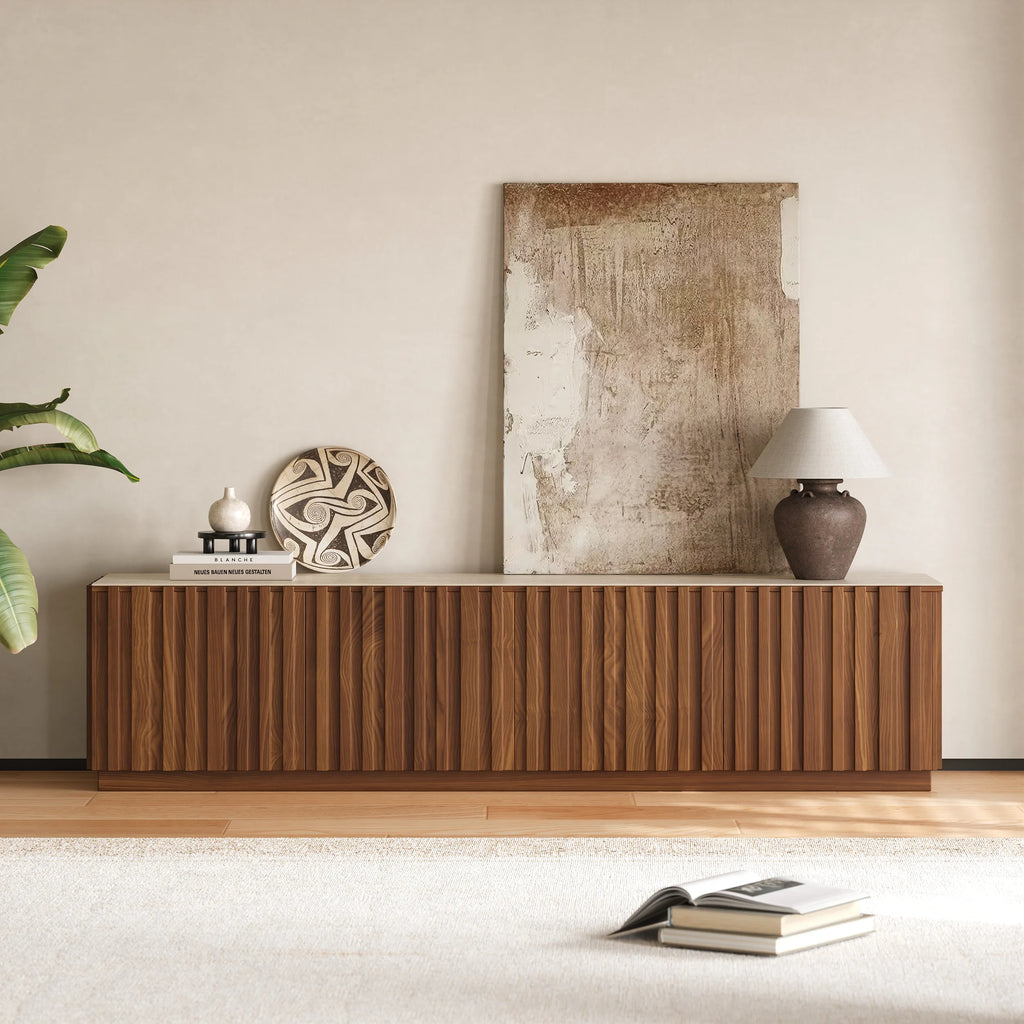 Meuble TV Aura 213 cm en bois de frêne et noyer avec plateau en pierre frittée