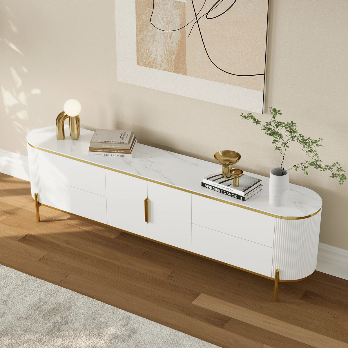 Meuble TV Console TV Ovale Moderne et Élégante de 2200mm avec Tiroirs et Portes Blanc