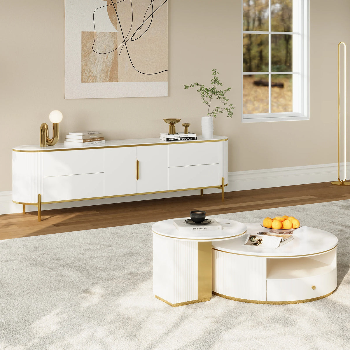Meuble TV Console TV Ovale Moderne et Élégante de 2200mm avec Tiroirs et Portes Blanc
