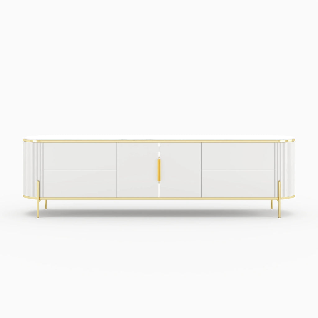 Meuble TV Console TV Ovale Moderne et Élégante de 2200mm avec Tiroirs et Portes Blanc