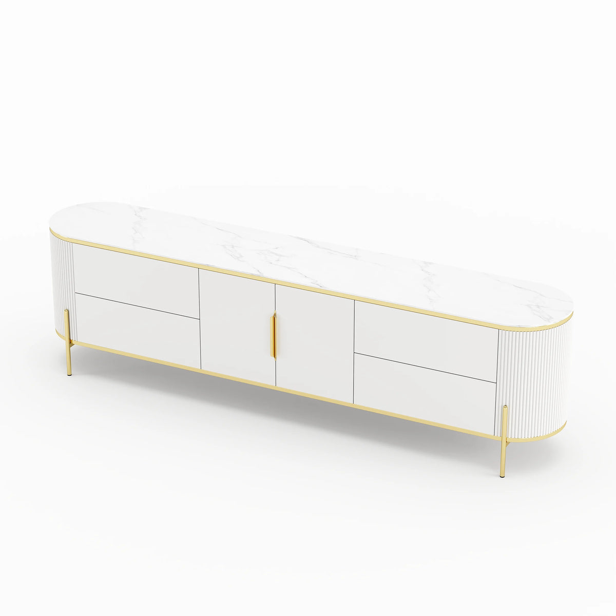 Meuble TV Console TV Ovale Moderne et Élégante de 2200mm avec Tiroirs et Portes Blanc