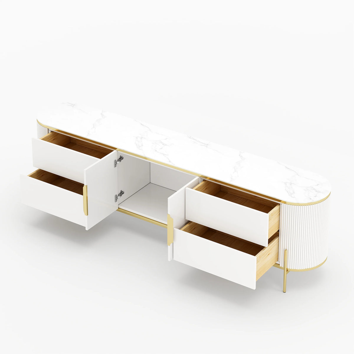 Meuble TV Console TV Ovale Moderne et Élégante de 2200mm avec Tiroirs et Portes Blanc