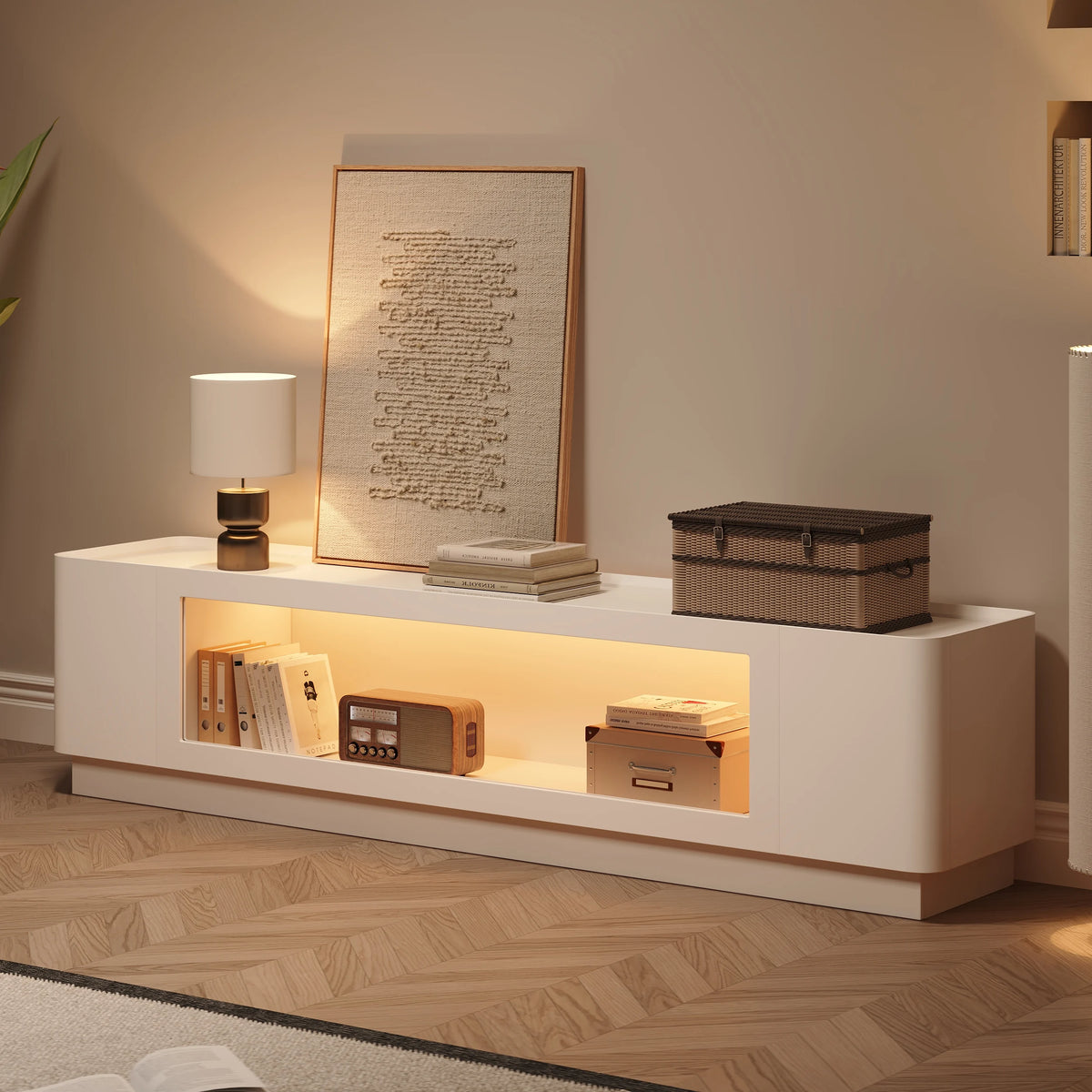 Meuble TV 201 cm avec portes en verre, blanc chaud, avec rangement et LED