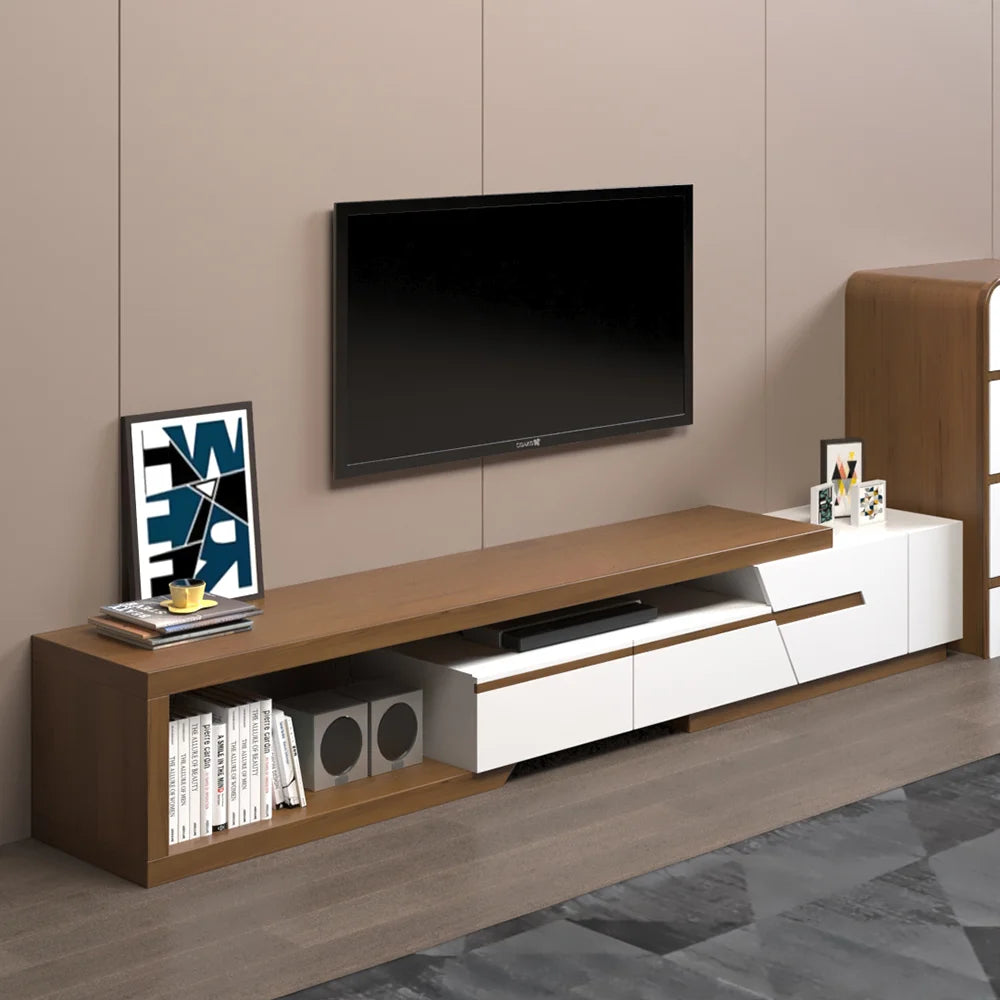 Meuble TV extensible moderne blanc et noyer avec rangement, étagère et tiroir