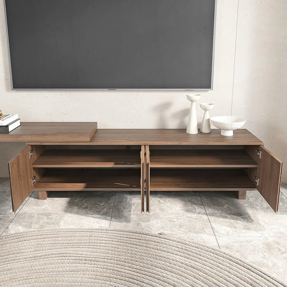 Meuble TV extensible en noyer inspiré du gril avec rangement (1600 mm à 2100 mm)
