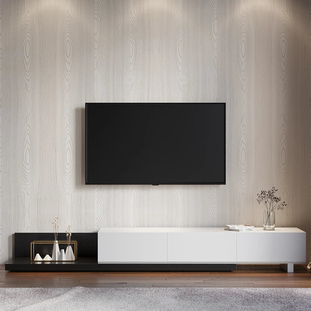 Meuble TV Crator noir et blanc de 210 à 280 cm en bois de frêne, extensible, avec 3 tiroirs