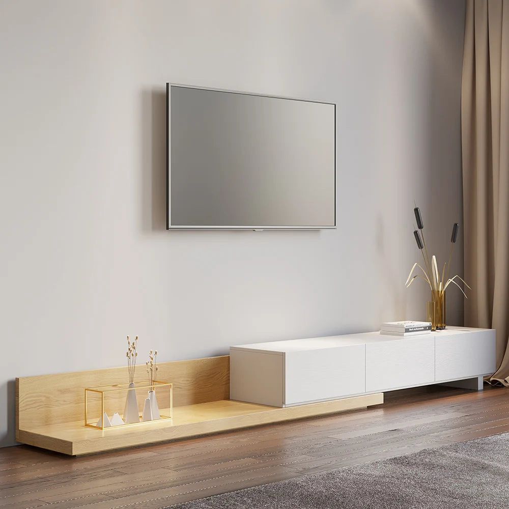 Meuble TV extensible au sol naturel avec 3 tiroirs