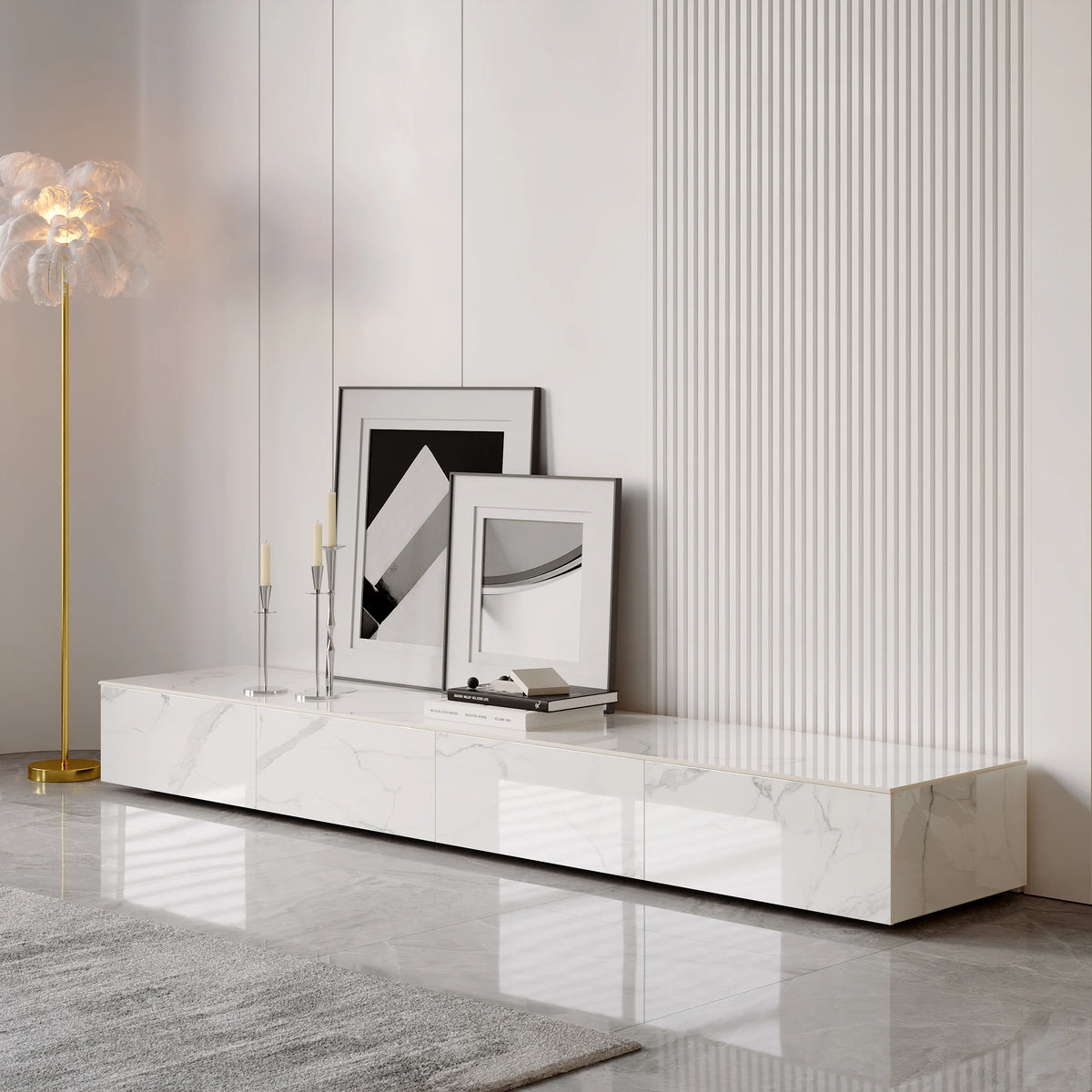 Meuble TV moderne en pierre frittée 200 cm avec 4 tiroirs Blanc brillant