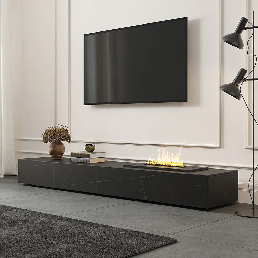 Meuble TV moderne 200 cm , effet flammes LED, humidificateur et 2 tiroirs Noir mat