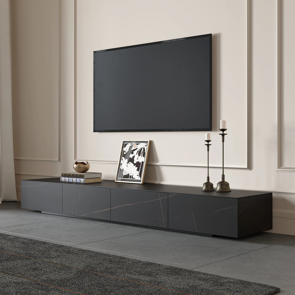 Meuble TV moderne en pierre frittée 200 cm avec 4 tiroirs Noir mat
