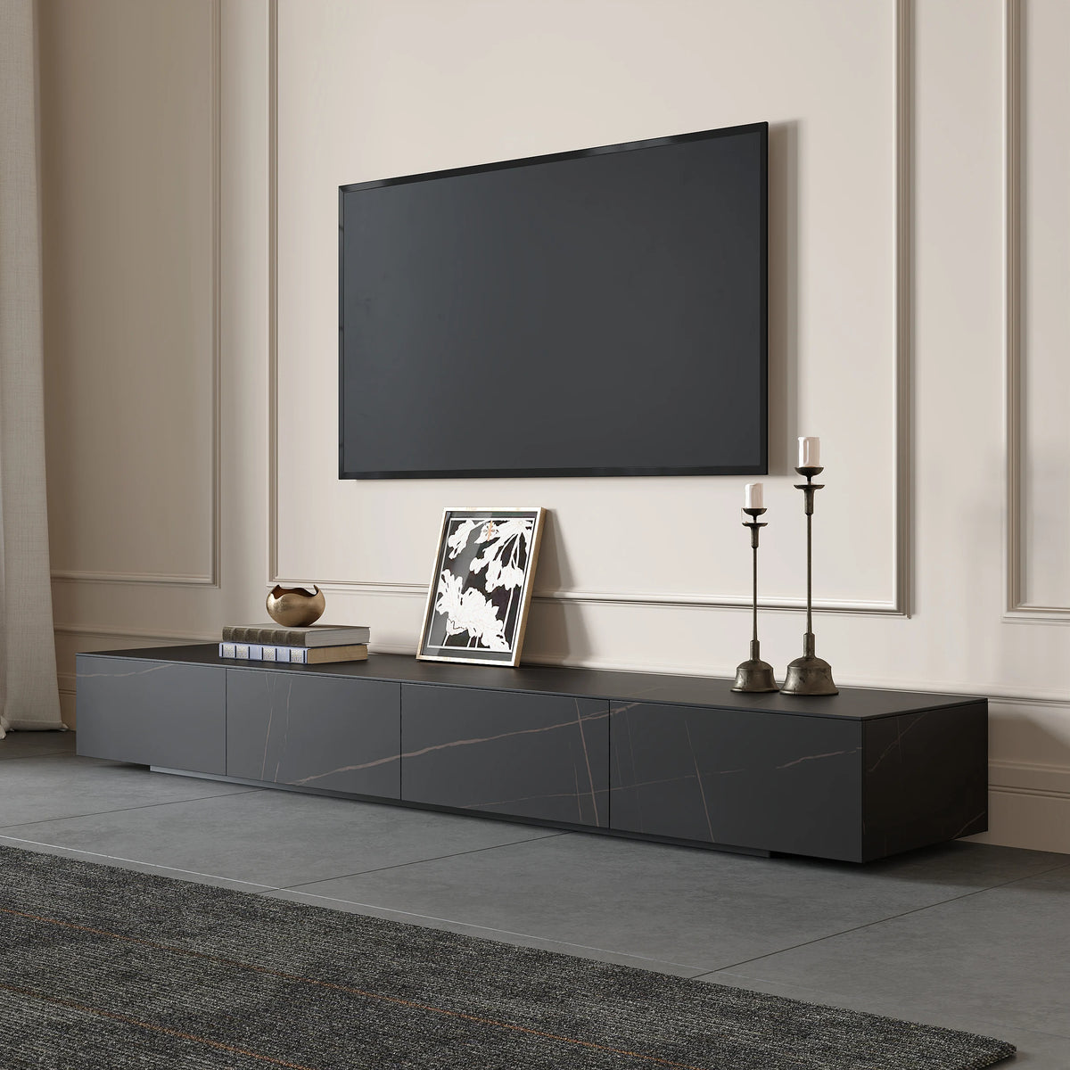 Meuble TV moderne en pierre frittée 200 cm avec 4 tiroirs Noir mat