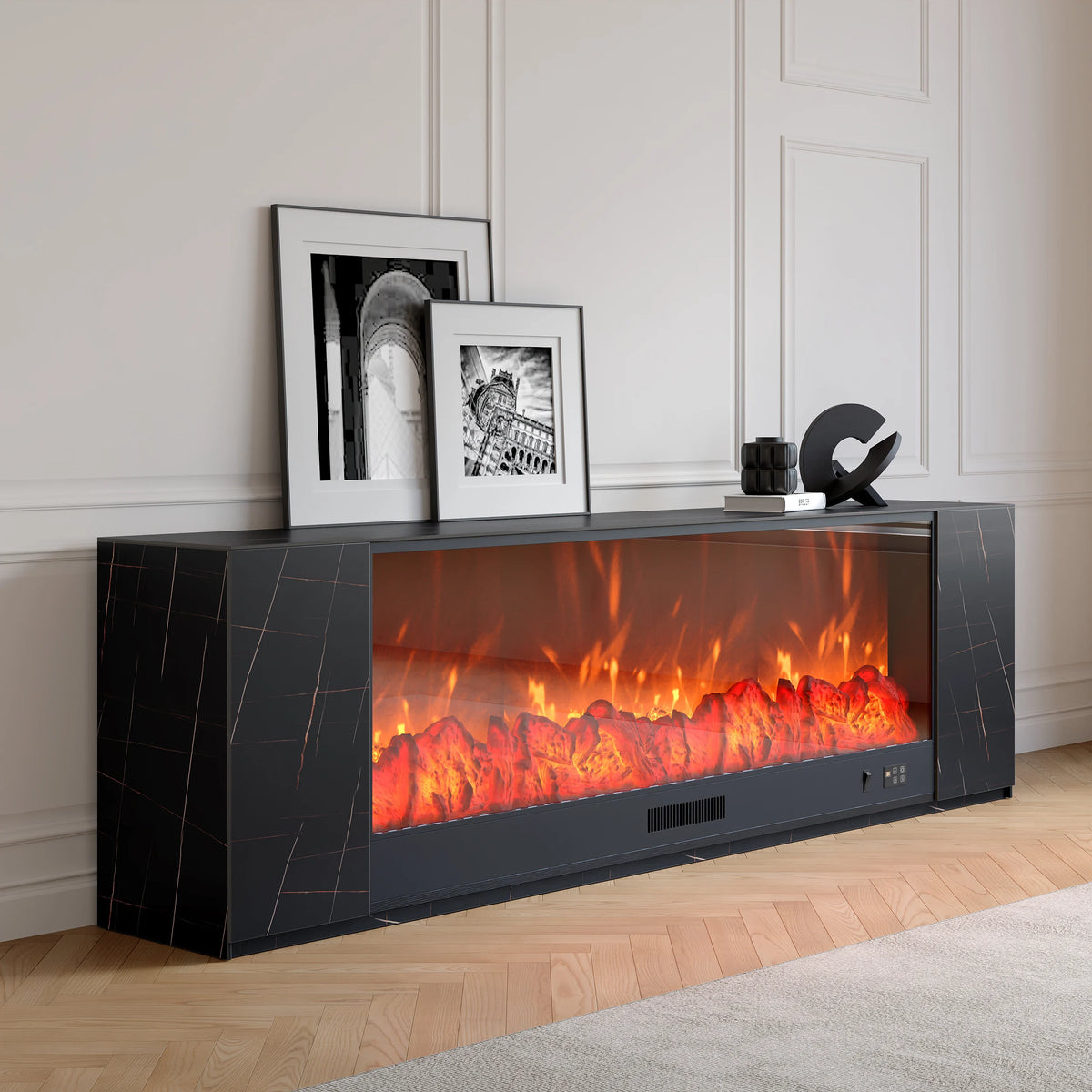 Meuble TV avec cheminée électrique 200 cm en pierre frittée avec télécommande Noir mat