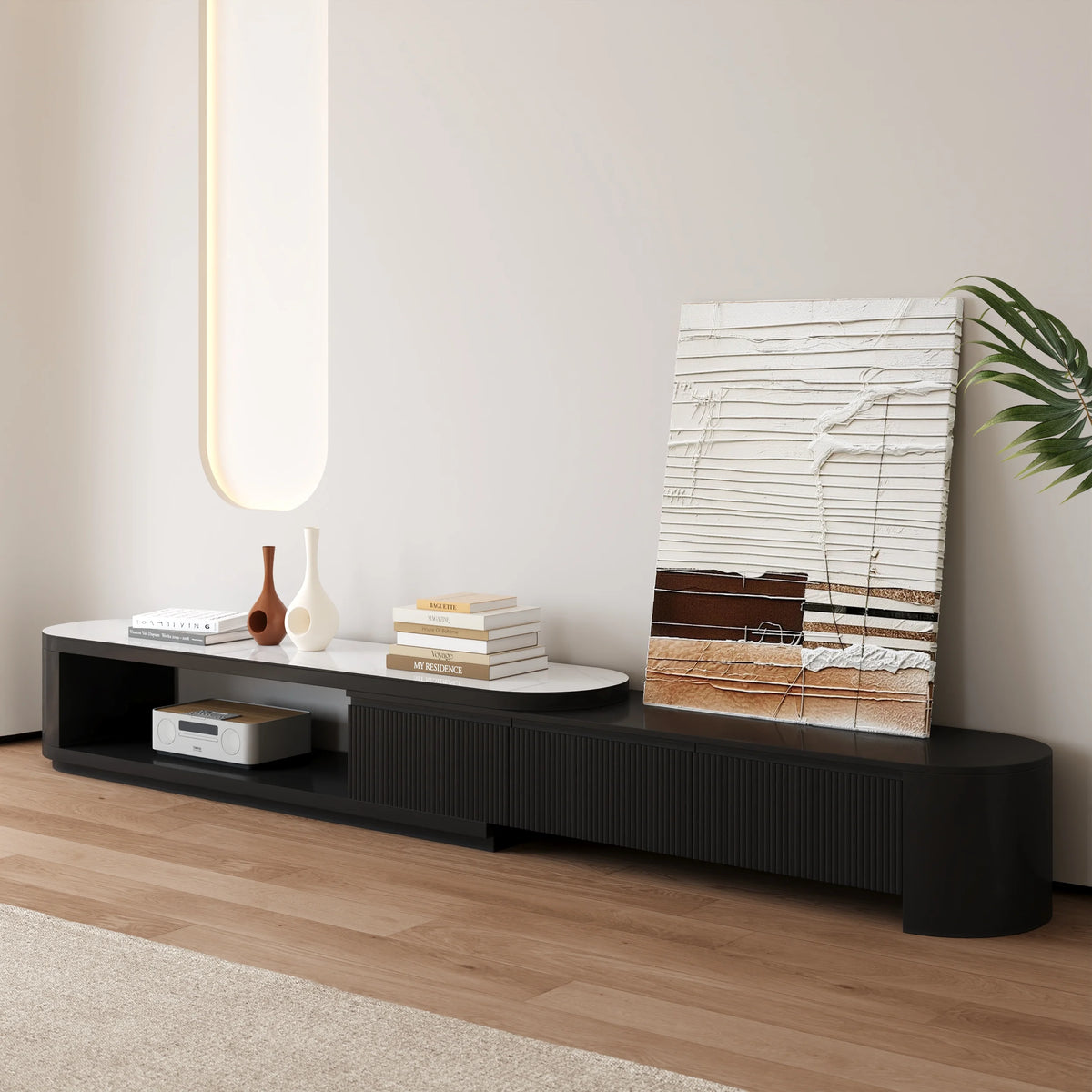 Meuble TV extensible Velar 180-290 cm à cannelures avec plateau pierre frittée et 3 tiroirs Noir mat