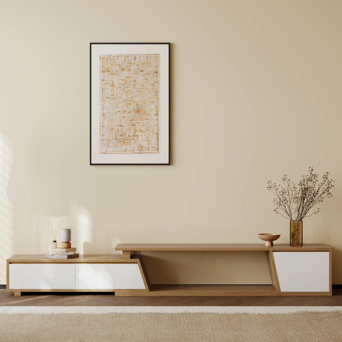 Meuble TV extensible Fero 180-280 cm avec 3 tiroirs Blanc & noyer