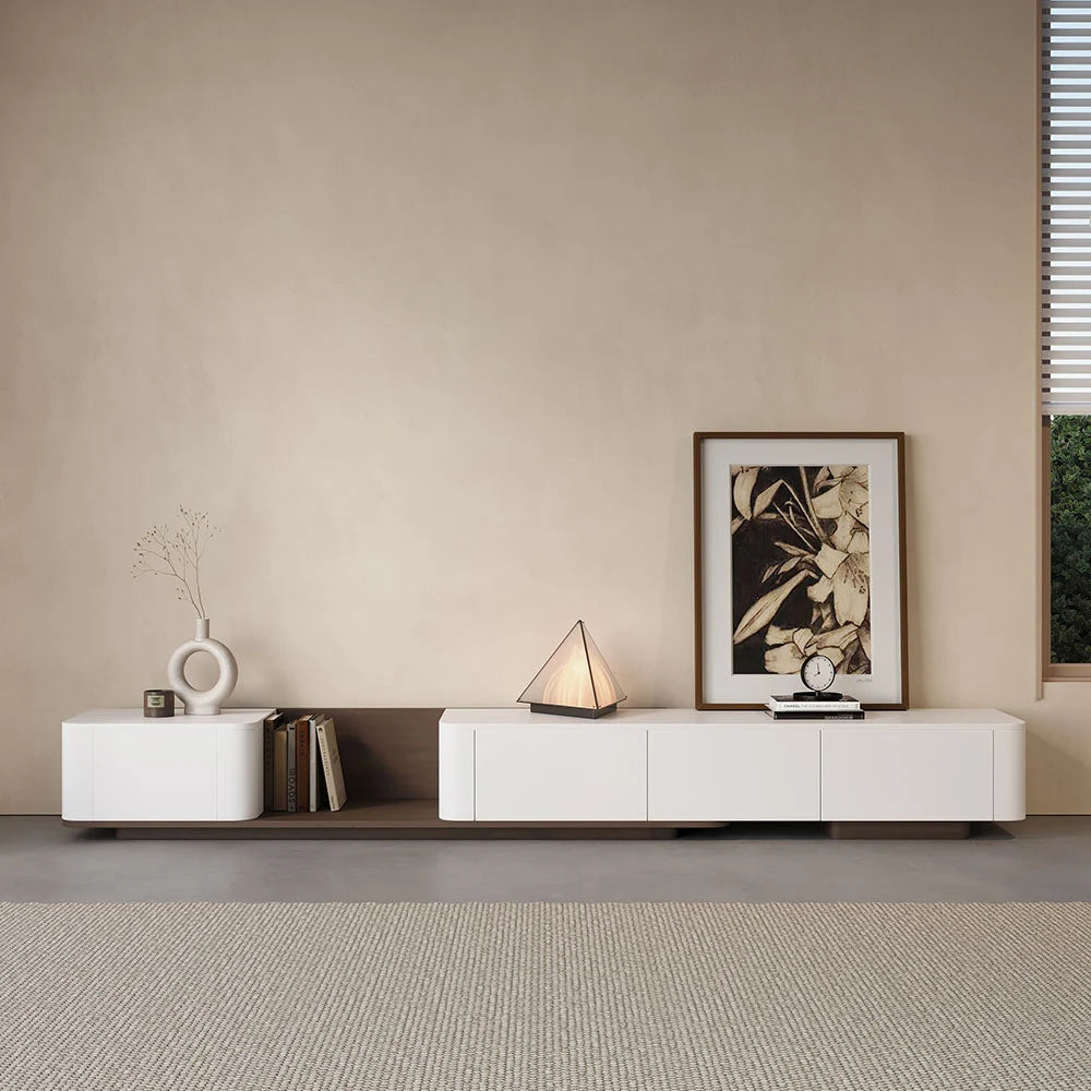 Meuble TV blanc cassé et noyer moderne 200 à 275 cm, extensible, avec 4 tiroirs