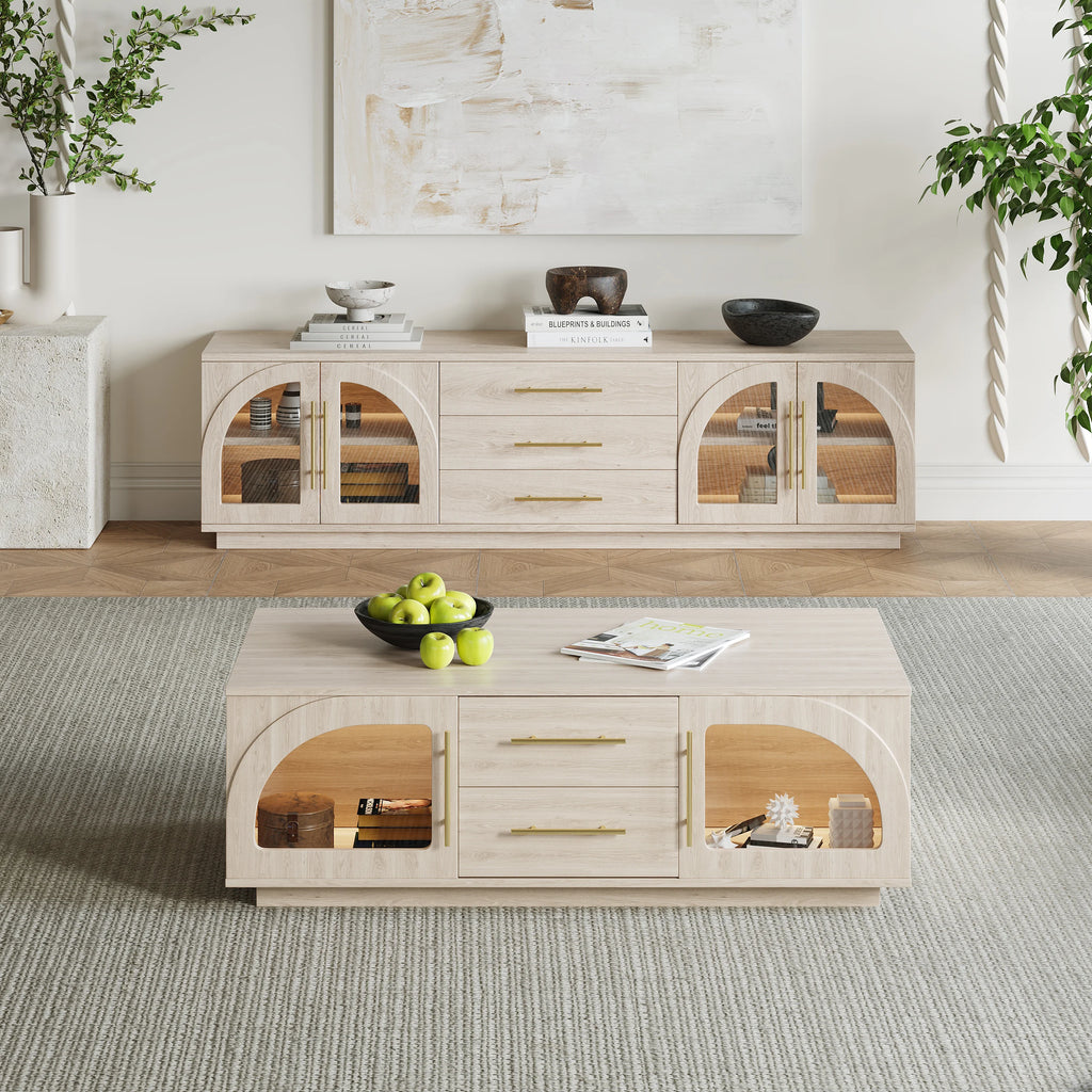 Ensemble meuble TV et table basse Arune avec portes cintrées en verre rangement et éclairage LED Blanc