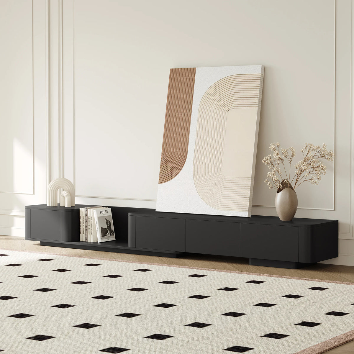 Meuble TV noir moderne 200 à 275 cm, extensible, avec 4 tiroirs