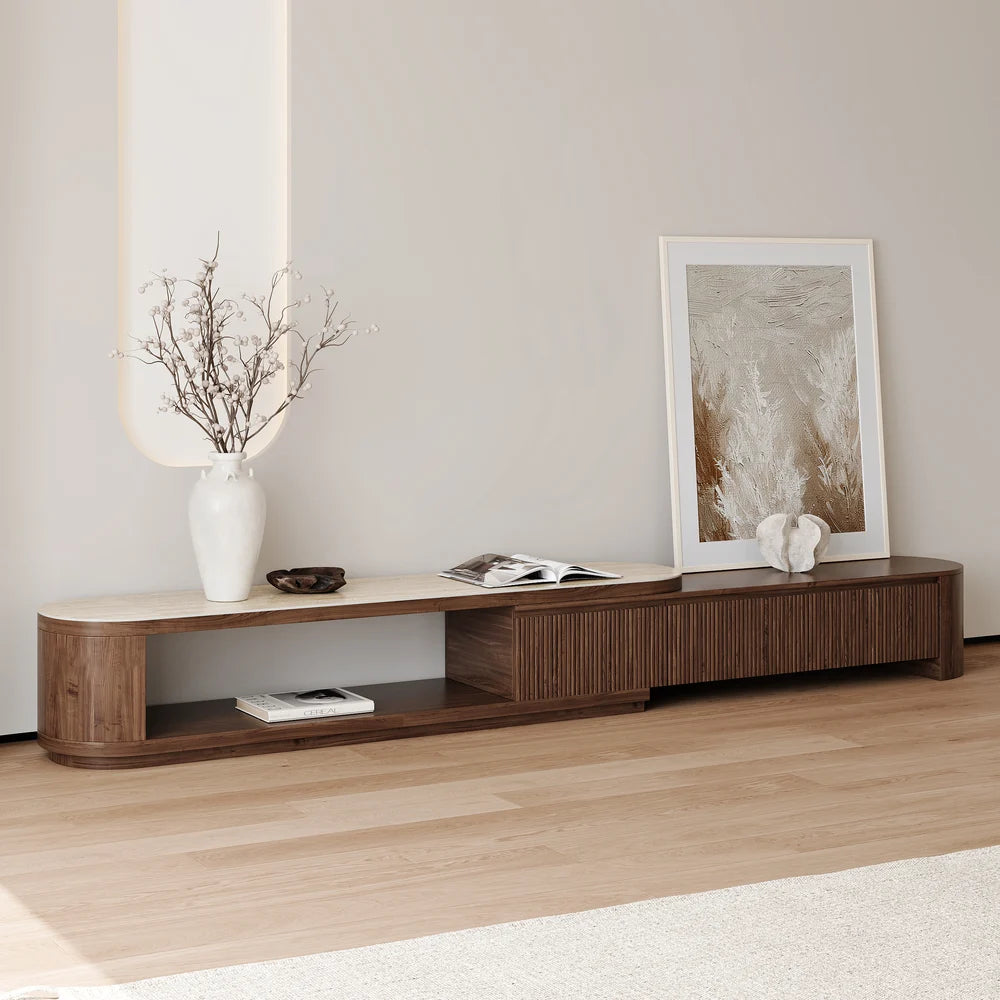 Meuble TV extensible Velar 180-290 cm à cannelures avec plateau pierre frittée et 3 tiroirs Noyer