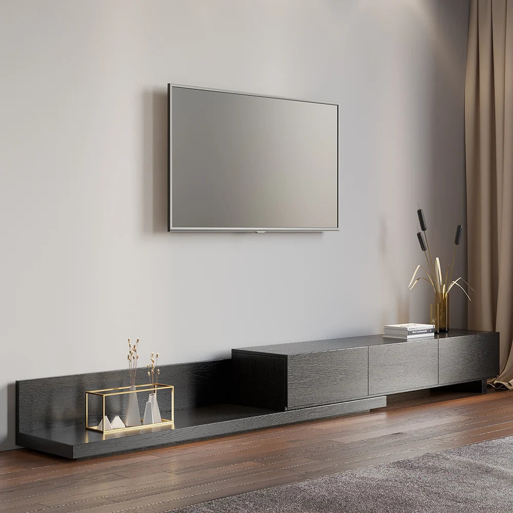 Meuble TV Crator noir 210 à 280 cm en bois de frêne, extensible, avec 3 tiroirs