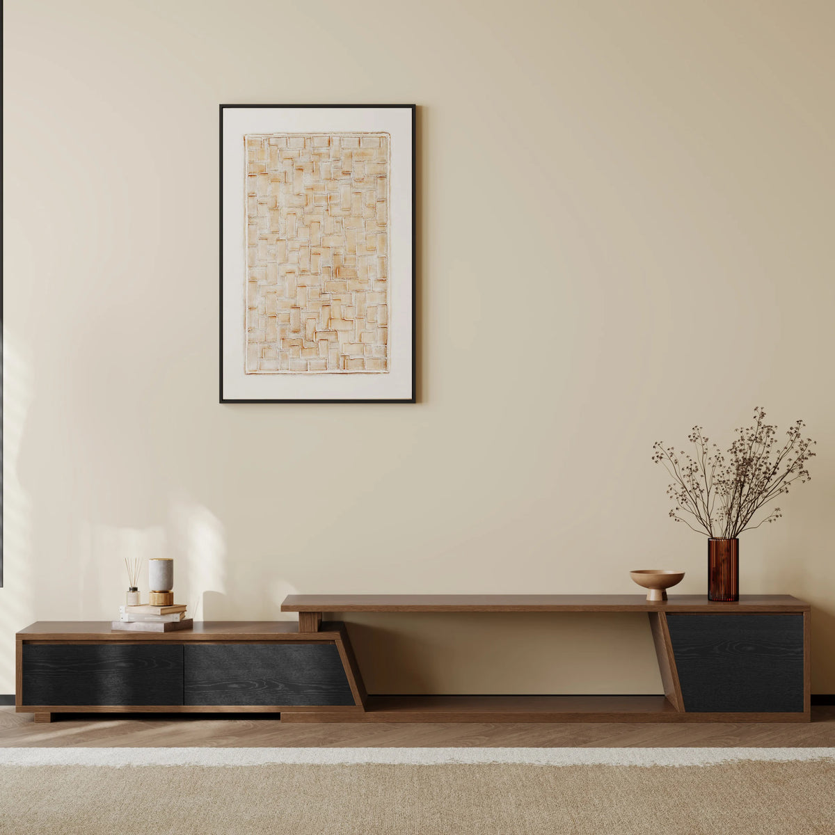Meuble TV extensible Fero 180 à 280 cm avec 3 tiroirs Noir & noyer