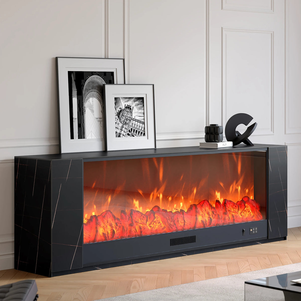 Meuble TV de cheminée électrique en pierre frittée de 1800 mm avec télécommande