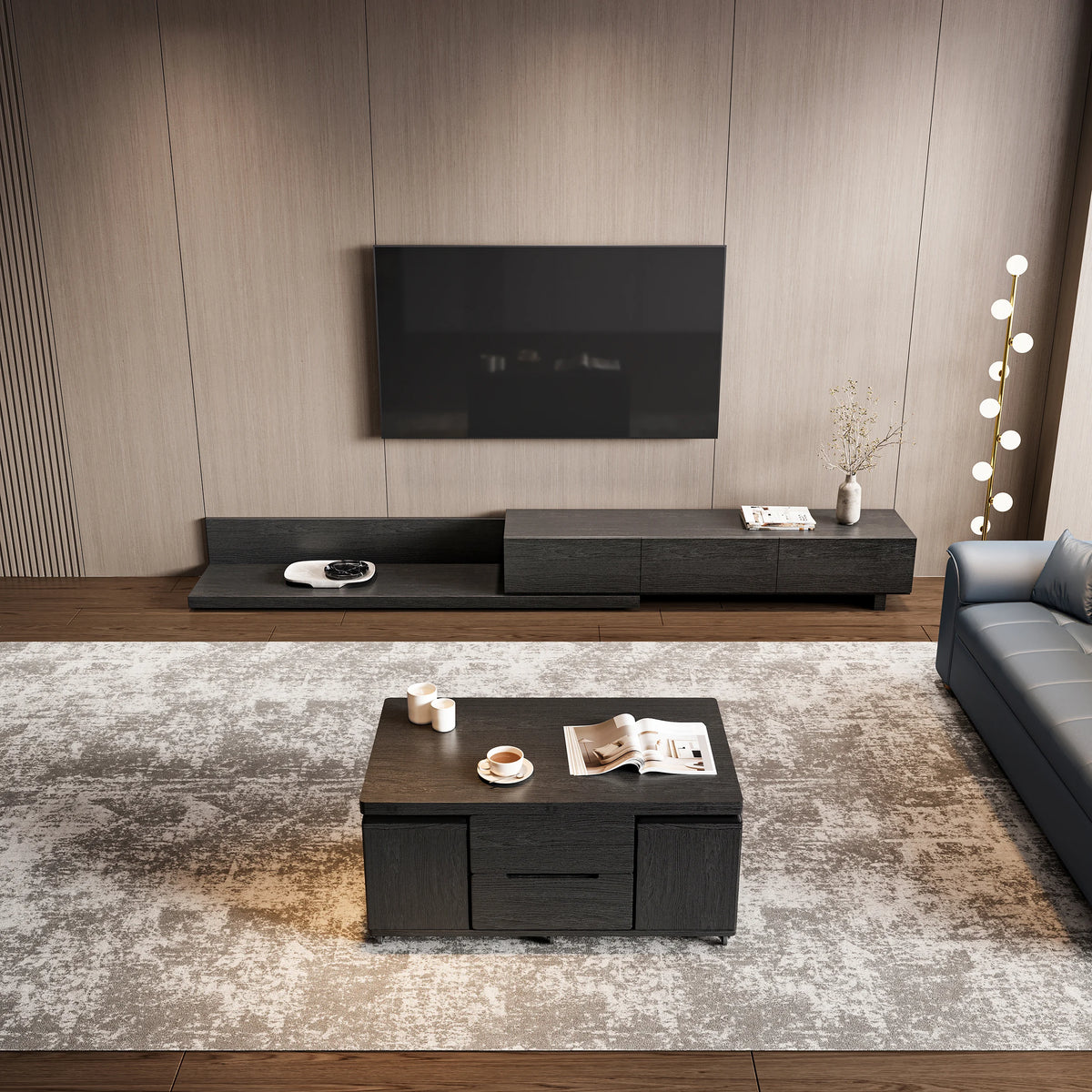 Meuble TV extensible rectangulaire en bois et ensemble de table basse noire à plateau relevable avec rangement