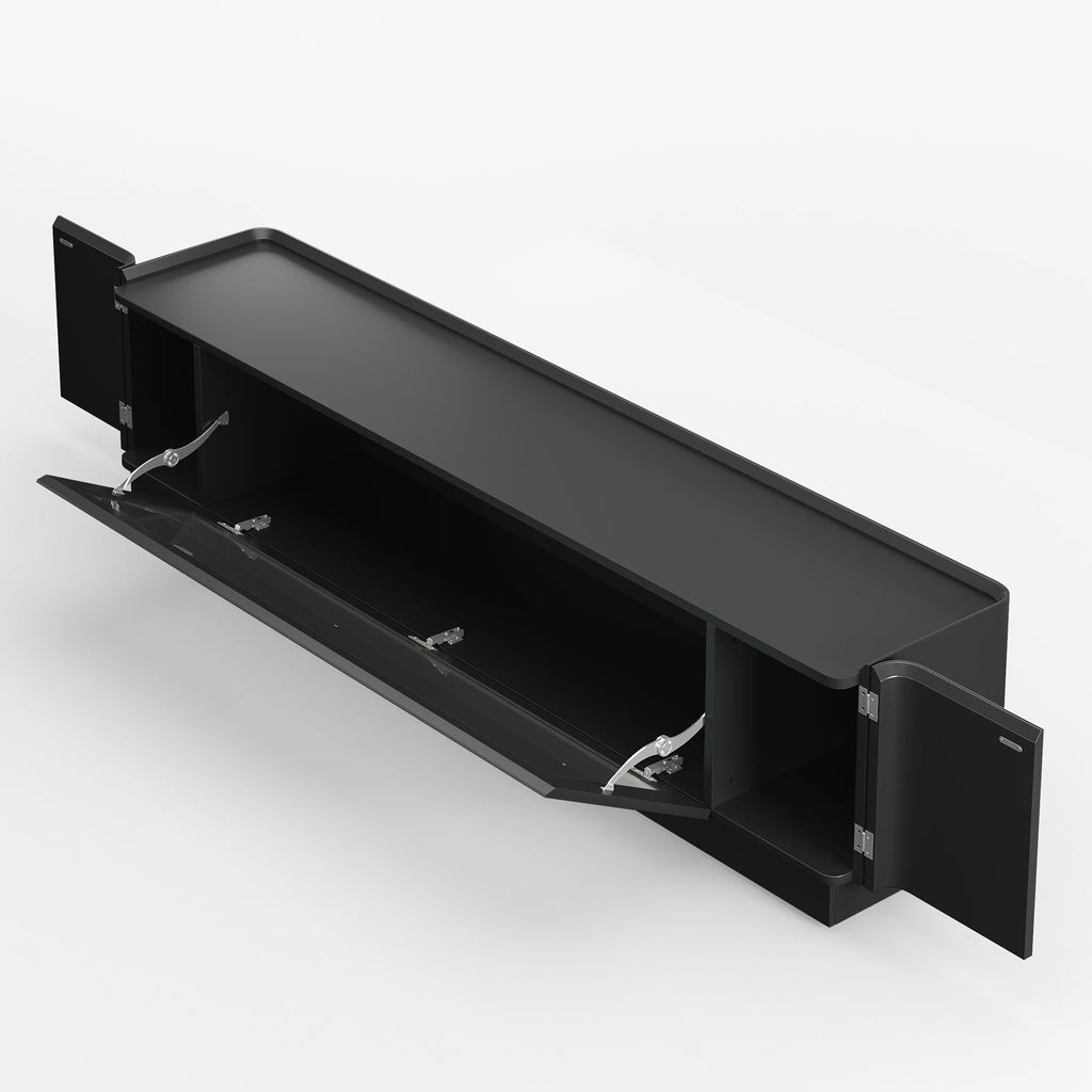 Meuble TV noir de 201 cm avec portes vitrées, rangements et LED