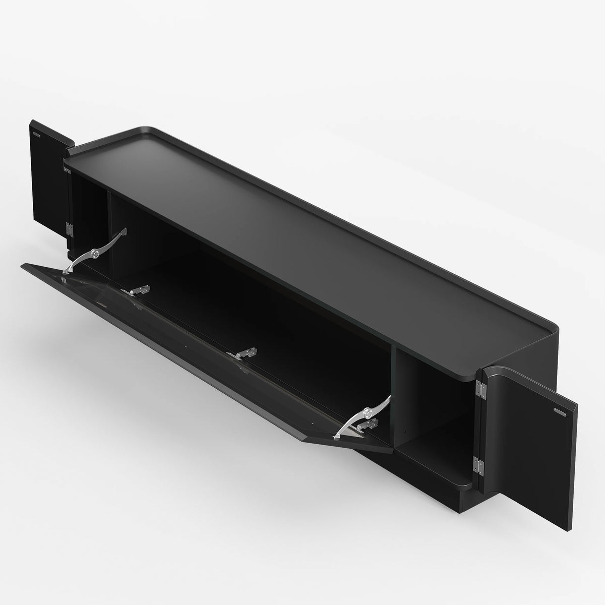 Meuble TV noir de 201 cm avec portes vitrées, rangements et LED