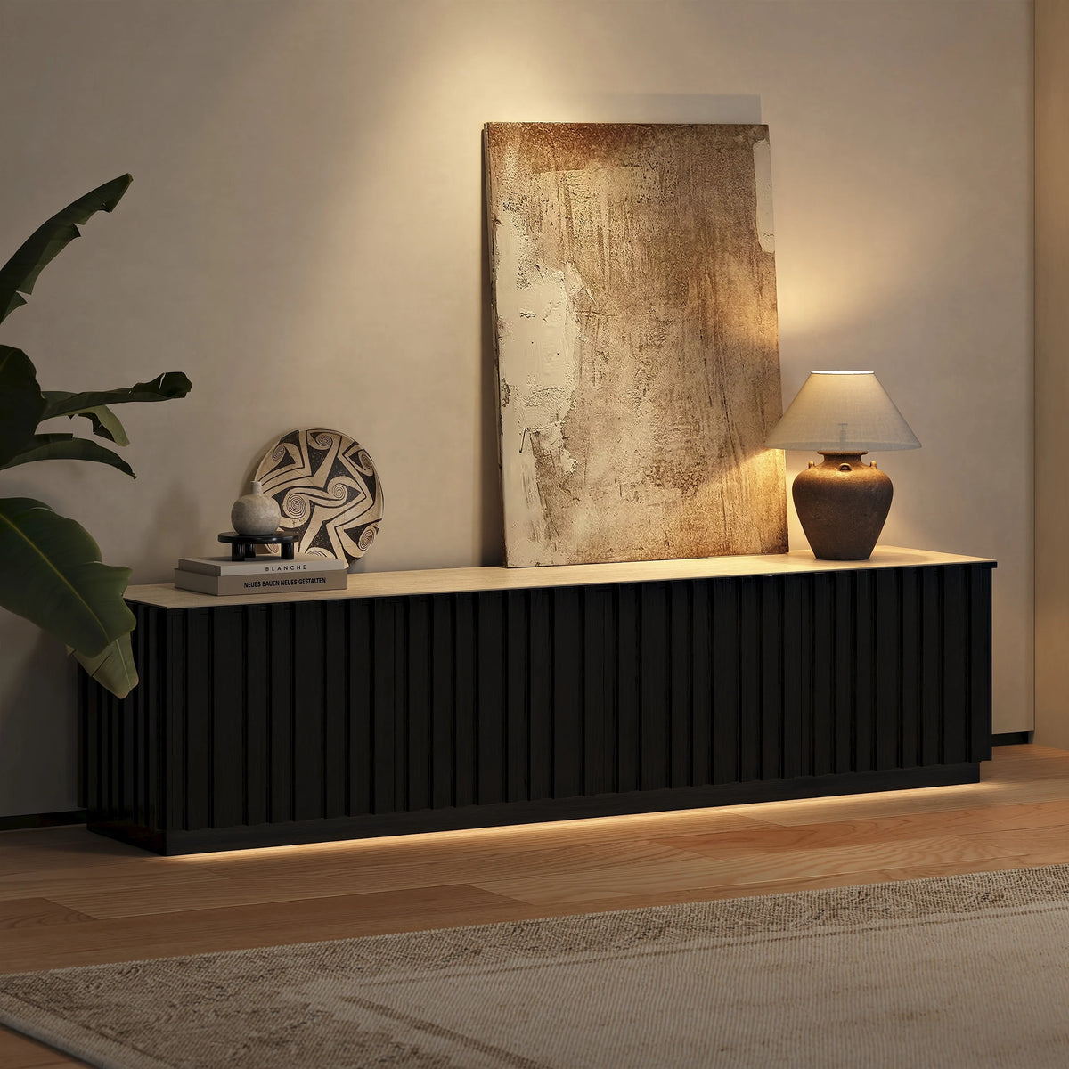 Meuble TV Aura 213 cm en bois de frêne noir avec plateau en pierre frittée