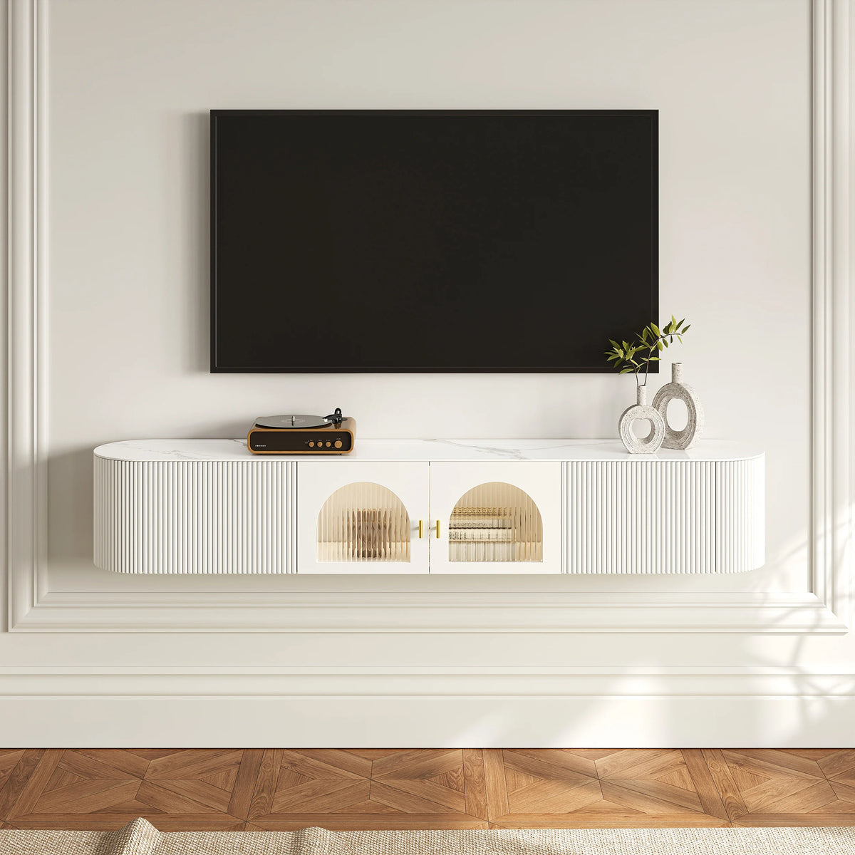 Meuble TV mural flottant en pierre frittée blanche de 1800 mm