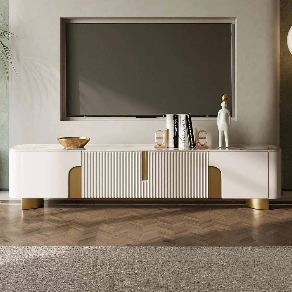 Meuble TV Artis 200 cm avec plateau en pierre, beige et or, 4 portes et rangement