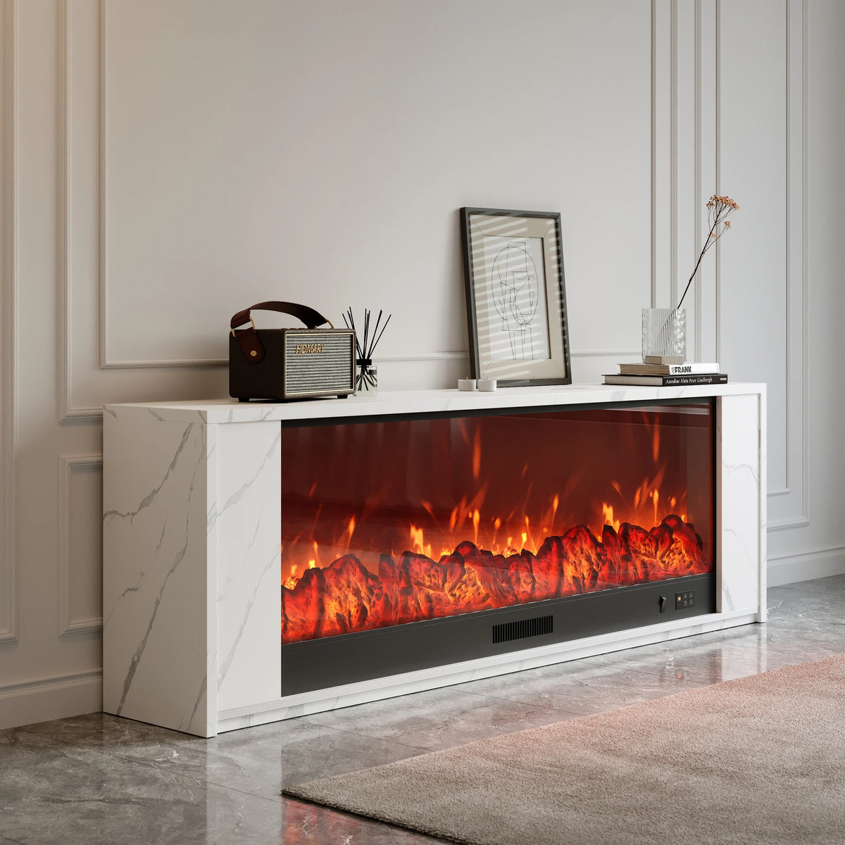 Meuble TV avec cheminée électrique 180 cm en placage marbre avec télécommande Blanc