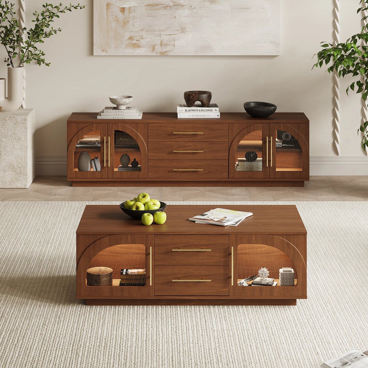 Ensemble meuble TV et table basse Arune avec portes cintrées en verre rangement et éclairage LED Noyer