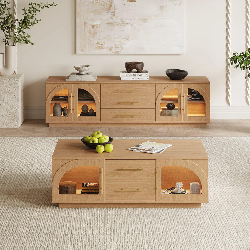 Ensemble meuble TV et table basse Arune avec portes cintrées en verre rangement et éclairage LED Bois naturel