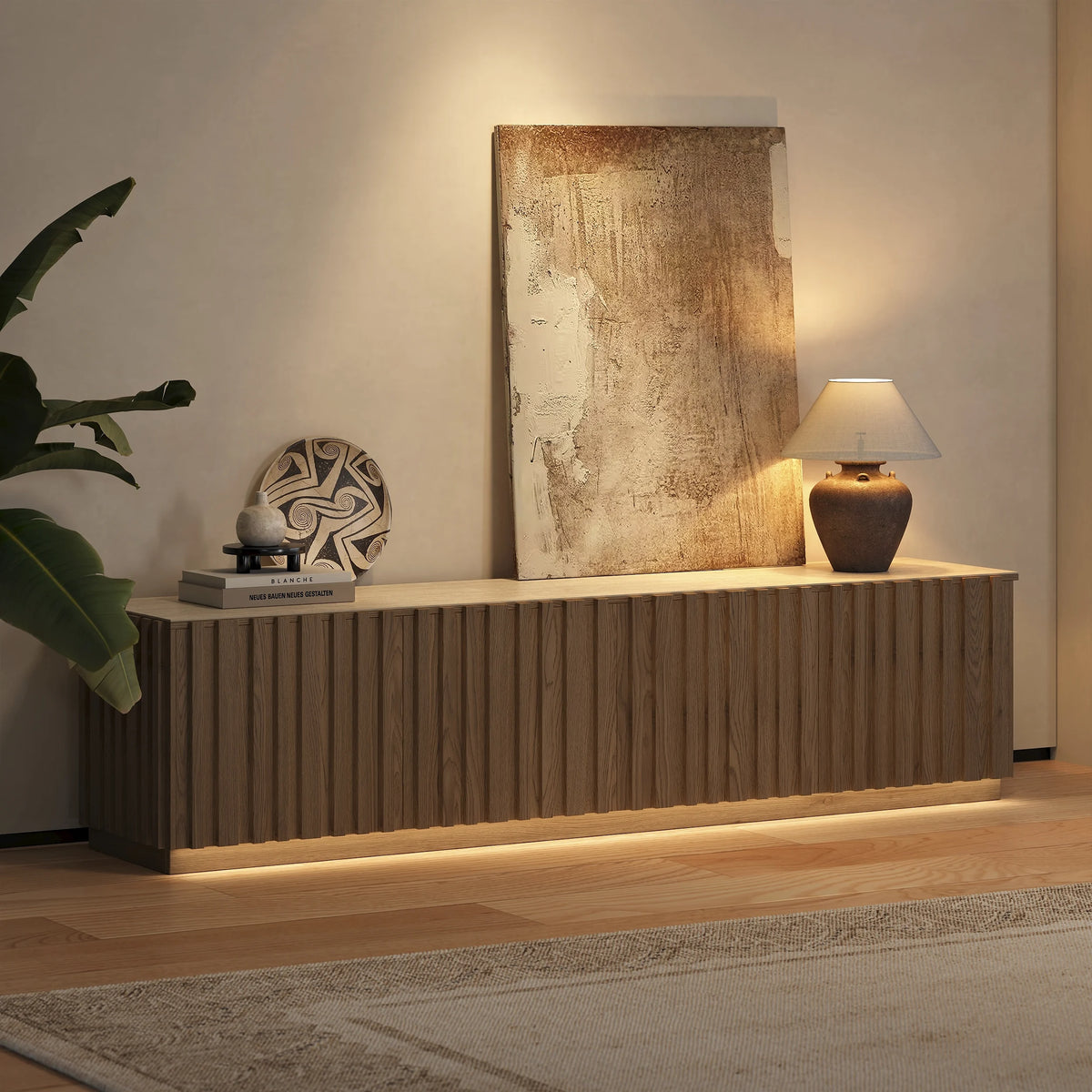 Meuble TV Aura 213 cm en bois de frêne naturelle avec plateau en pierre frittée