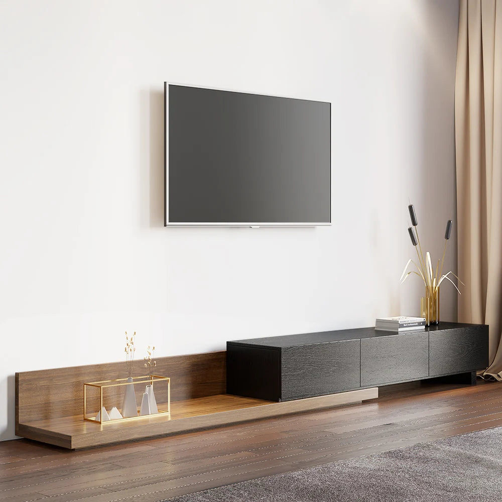 Meuble TV Crator noyer et noir de 210 cm à 280 cm en bois de frêne, extensible, avec 3 tiroirs