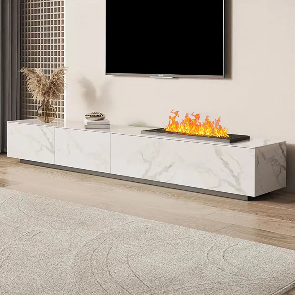 Meuble TV moderne 200 cm, effet flammes LED, humidificateur et 2 tiroirs Blanc brillant